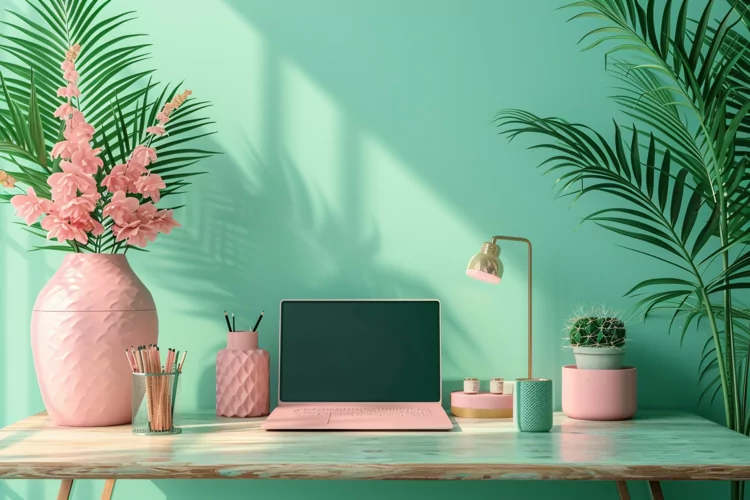 laptop with vases on the green table