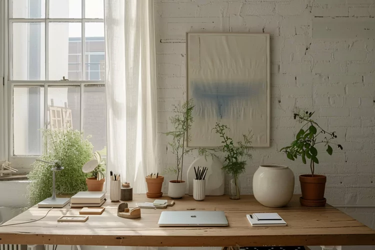 Home room office with laptop & Plant vases In the table