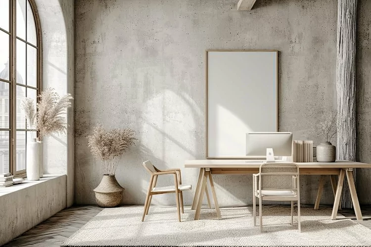 Home room office with laptop & Plant vases In the table