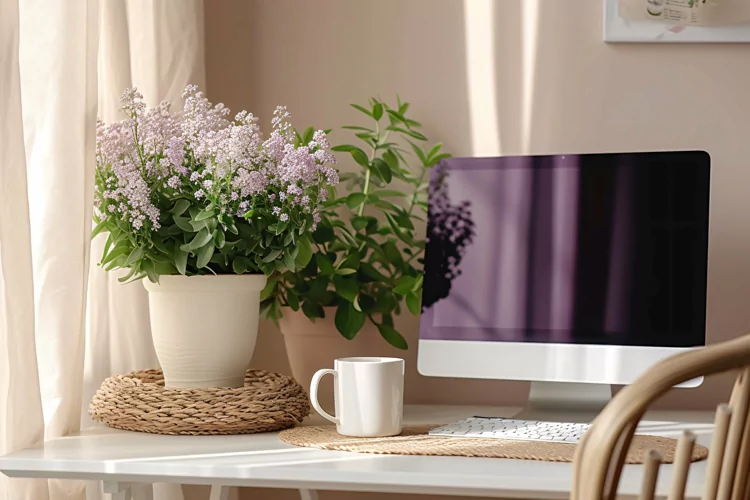 Office Room with computer & vases on the table