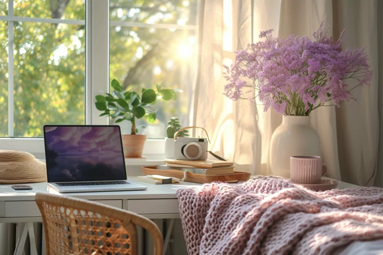 Office Room with computer & vases on the table