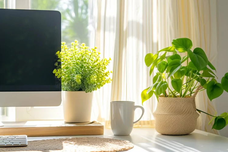 Office Room with Laptop & vases on the table