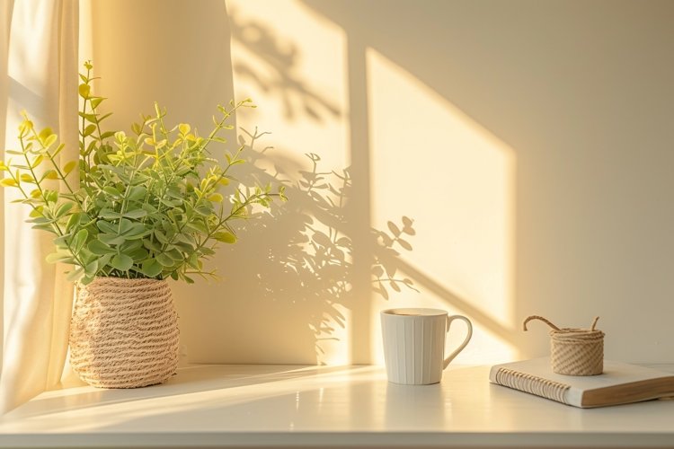 Green Plant vase with tea cup on the table example image 1