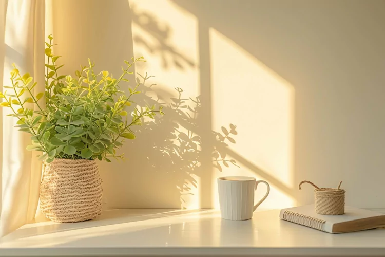 Green Plant vase with tea cup on the table