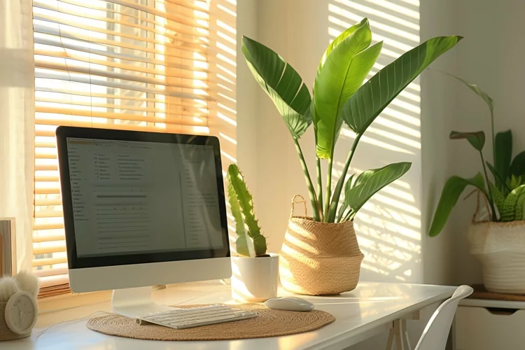 Green Plant vase with tea cup on the table