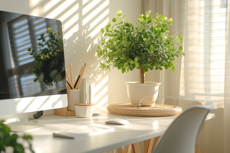 Green Plant vase with tea cup on the table