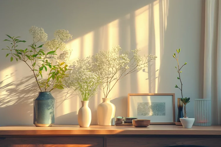Vases & frame on the wooden table