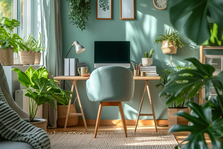 Green Plant vase with Lamp on the table