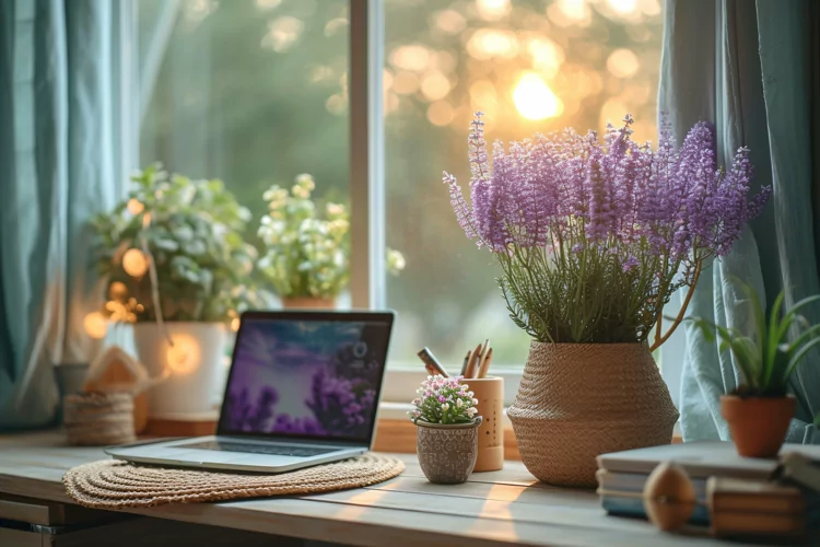 Green Plant vase with Lamp on the table