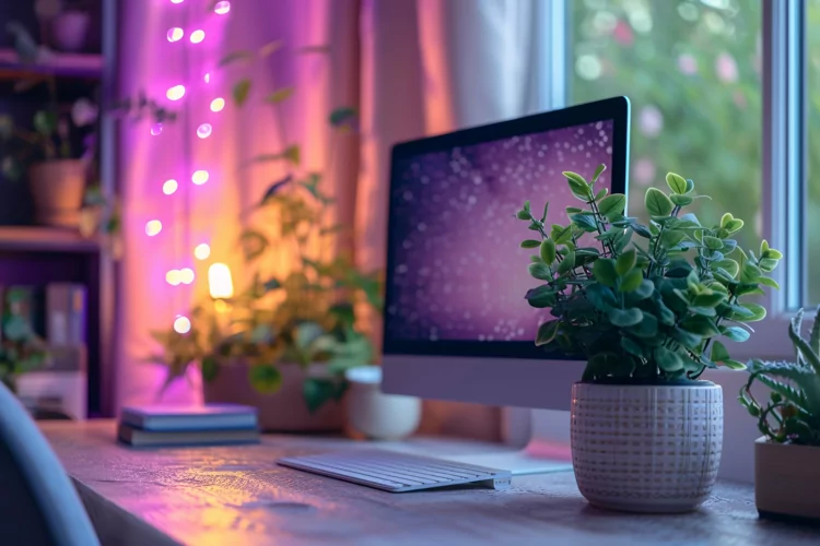 Green Plant vase with Lamp on the table