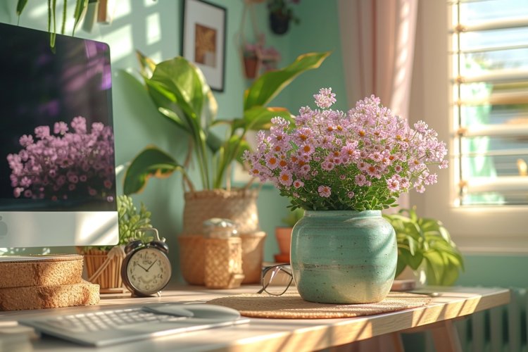 Green Plant vase with Lamp on the table example image 1