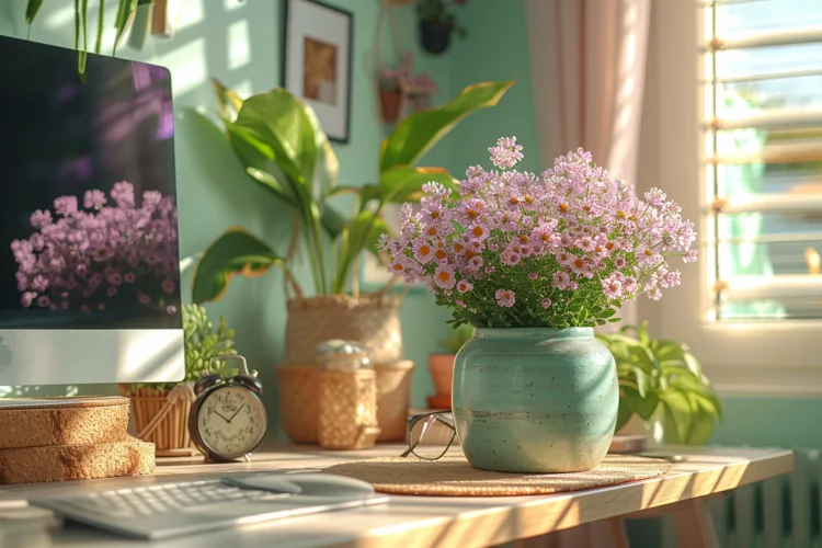 Green Plant vase with Lamp on the table