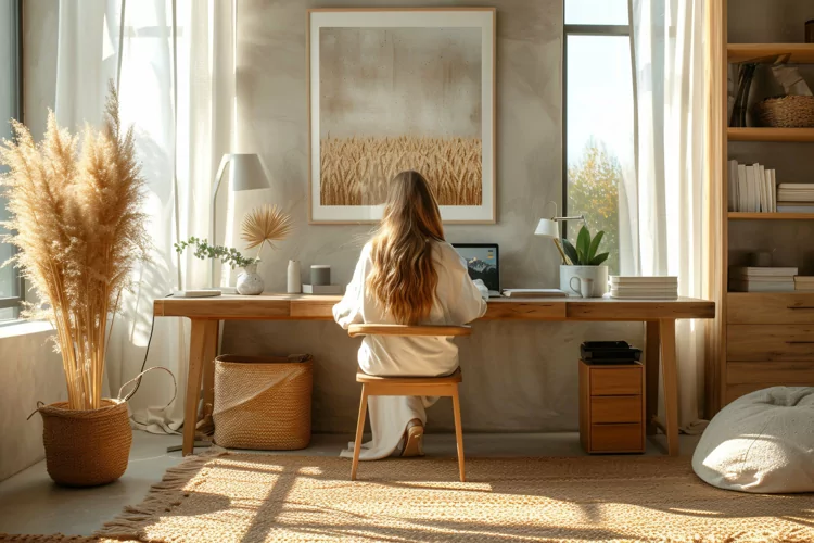 Green Plant vase with Computer & Lamp on the table