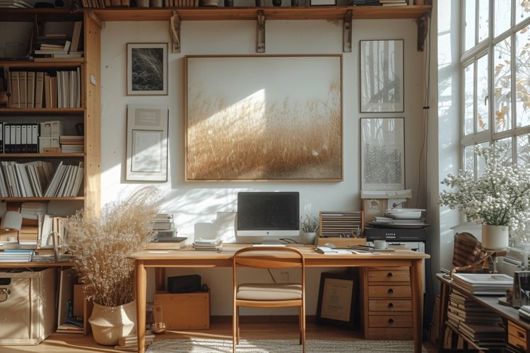 Green Plant vase with Computer & Lamp on the table example image 1