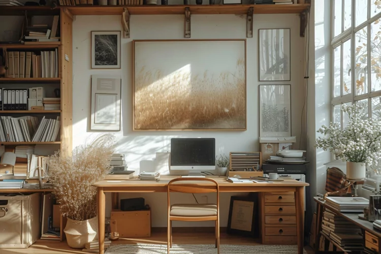 Green Plant vase with Computer & Lamp on the table