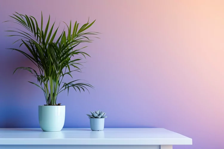 Green Plant White vases on the white table in colorfull wall