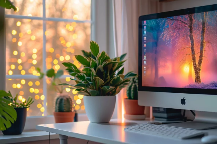 Green Plant vases with Computer on the white table