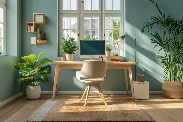 Green Plant vase with Computer & Lamp on the table