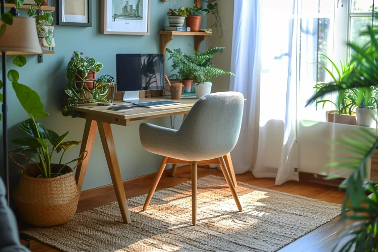Green Plant vase with Computer & Lamp on the table