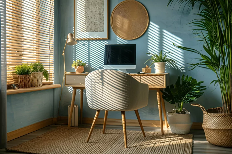 Home office room with chair & lamp computer on the tabl