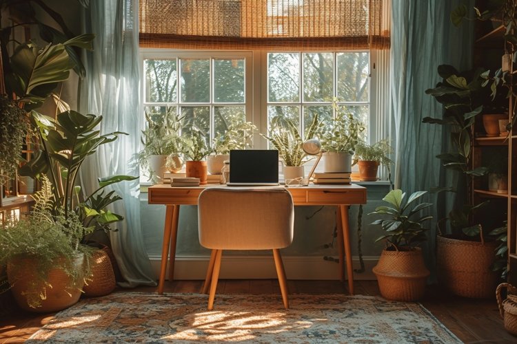 Home office room with chair & lamp computer on the table example image 1