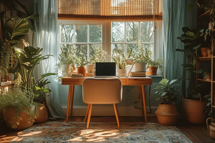 Home office room with chair & lamp computer on the table