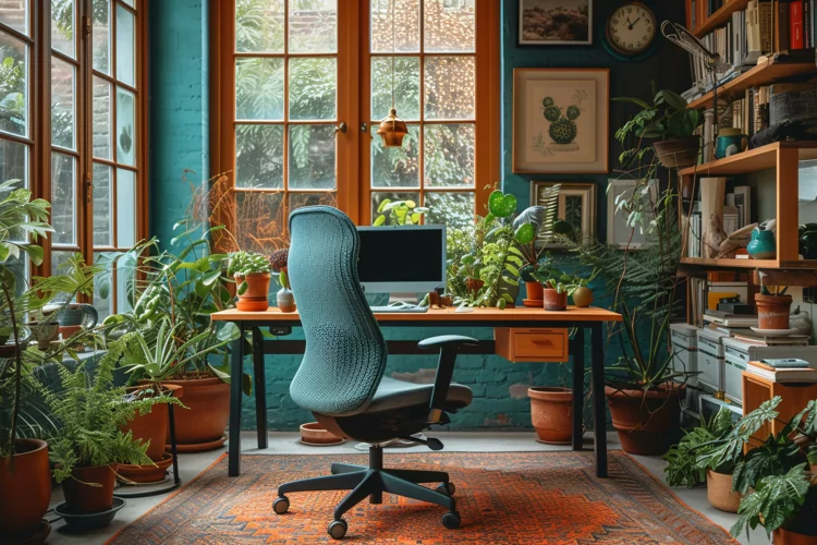 Home office room with chair & lamp computer on the table