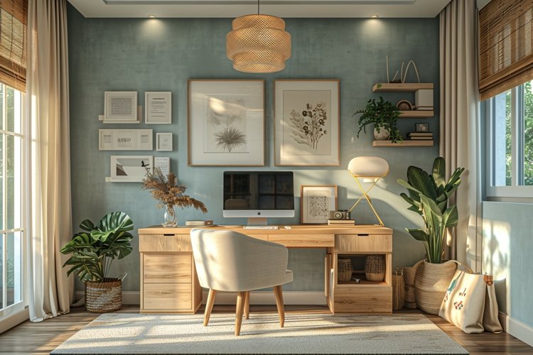 Home office room with chair & lamp computer on the table example image 1