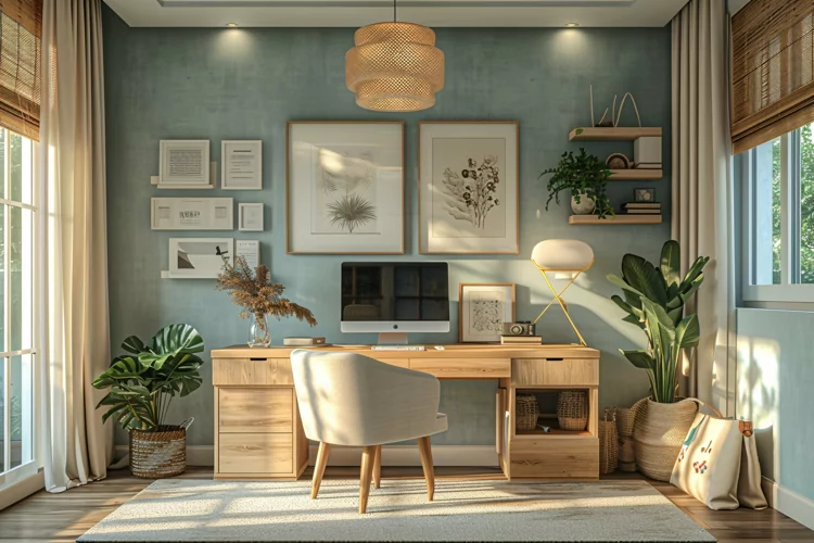 Home office room with chair & lamp computer on the table