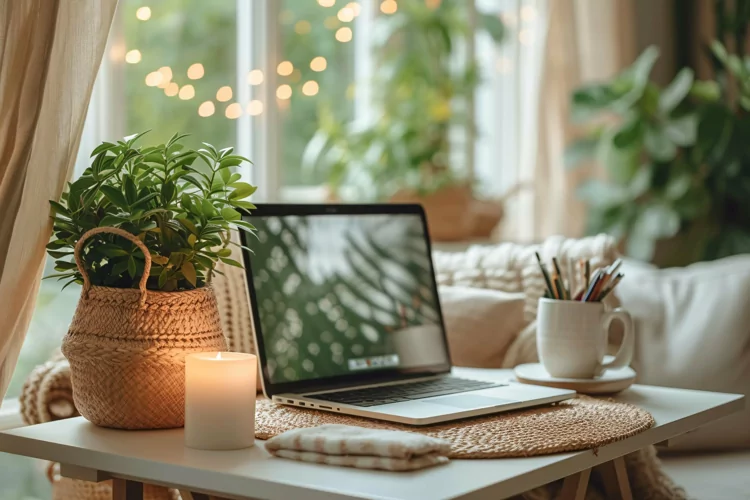 Flowers & Plant vases & Laptop on the table