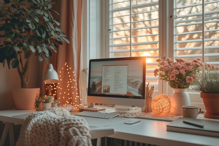 Home office room with chair & lamp computer on the table example image 1