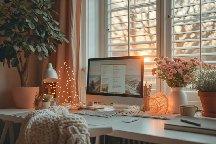 Home office room with chair & lamp computer on the table