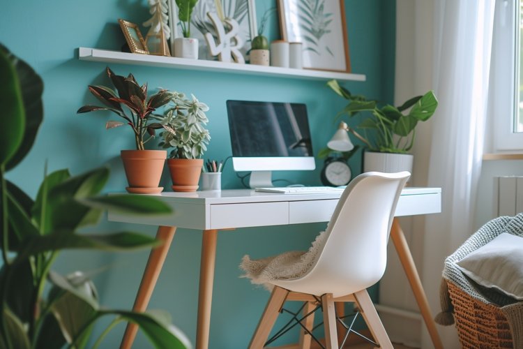 Home office room with chair & lamp computer on the table example image 1