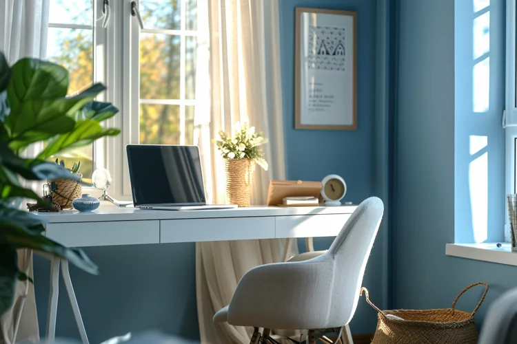 Home office room with chair & lamp computer on the table