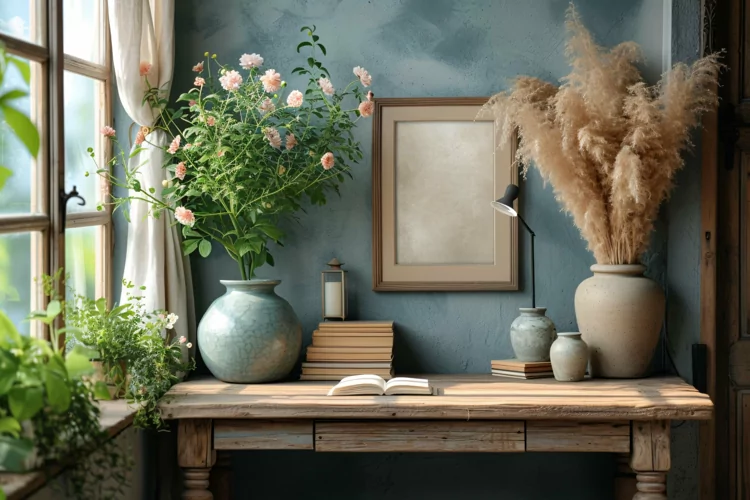 Home office room Dried flowers vases on the table