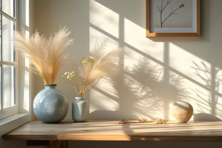 Home office room Dried flowers vases on the table