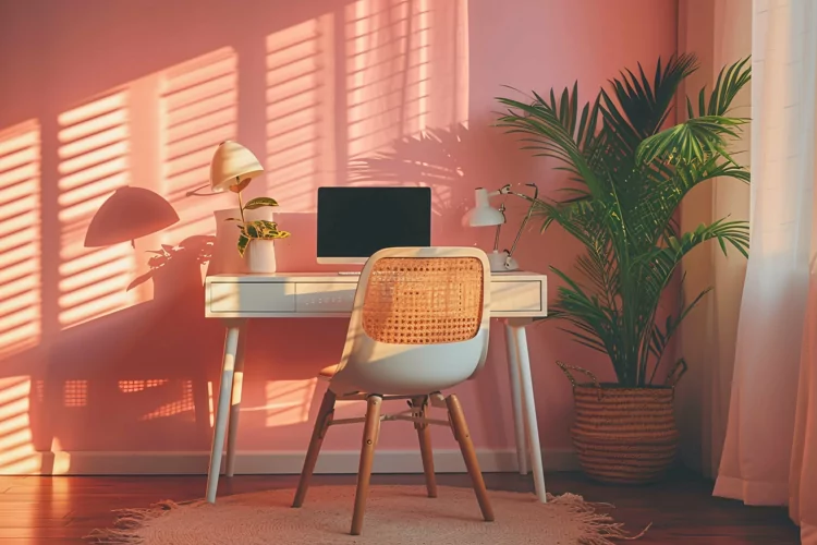 Flowers & Plant vases & Laptop on the table & Pink Wall