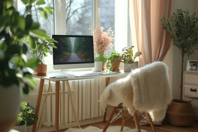 Home office room with chair & computer on the tabl