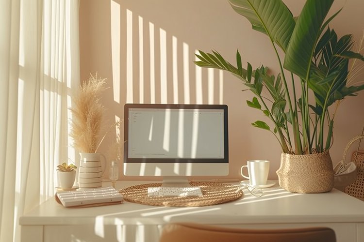 Home office room with chair & lamp computer on the table