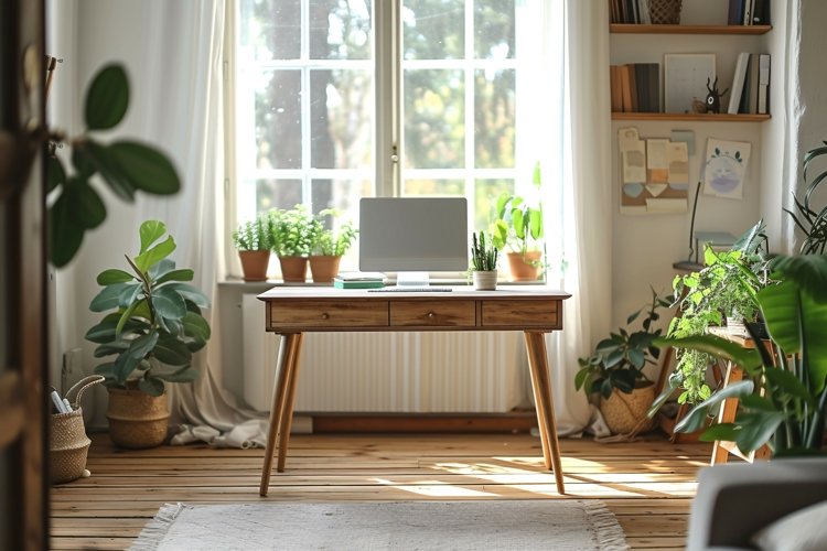 Home office room with chair & computer on the table