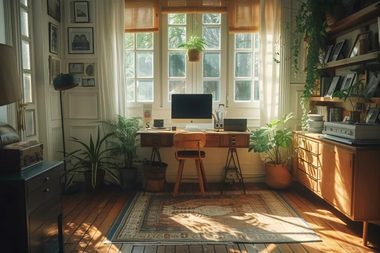Home office room with chair & computer on the table