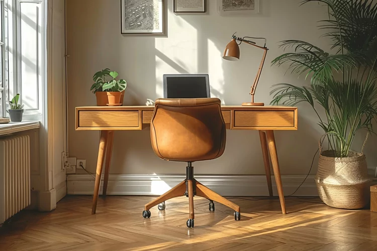 Home office room with chair & lamp computer on the table