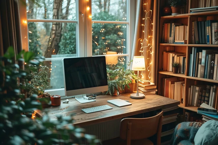 Home office room with chair & lamp computer on the table