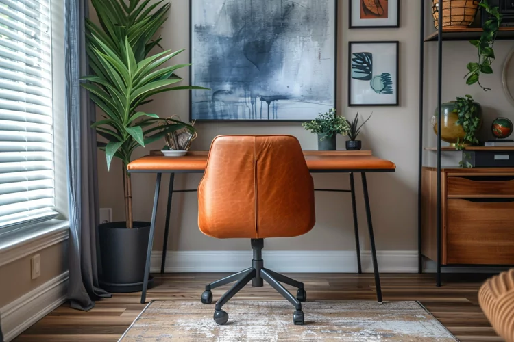 Home office room in chair with dried flowers