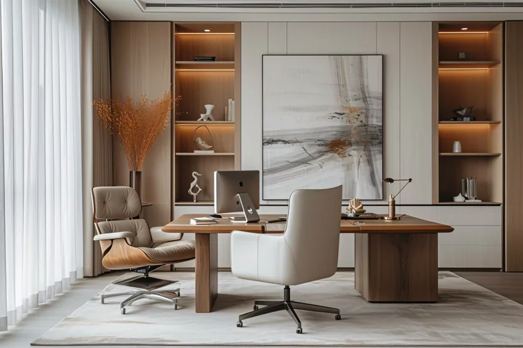 Home office room with big vases under the table