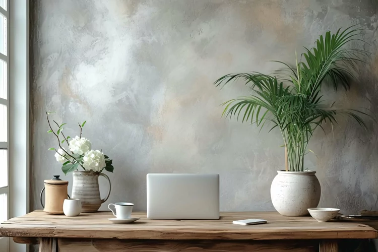 Home office room vase tea cup on the wooden table