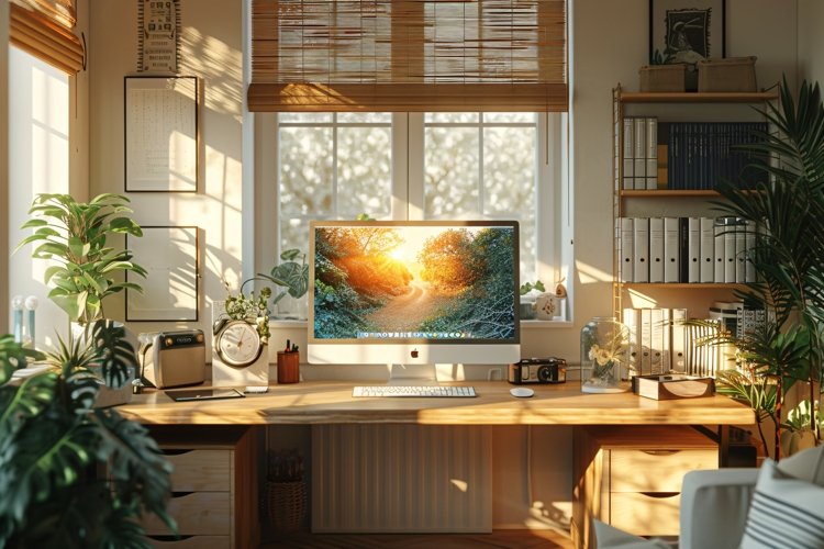 Home office room vase tea cup on the wooden table