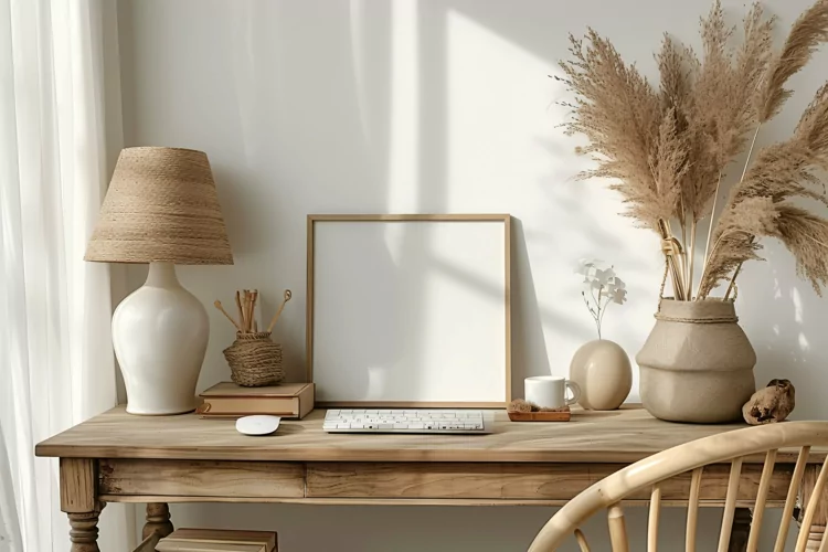 Home office room vase tea cup on the wooden table