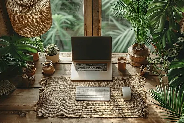Home office room vase tea cup on the wooden table