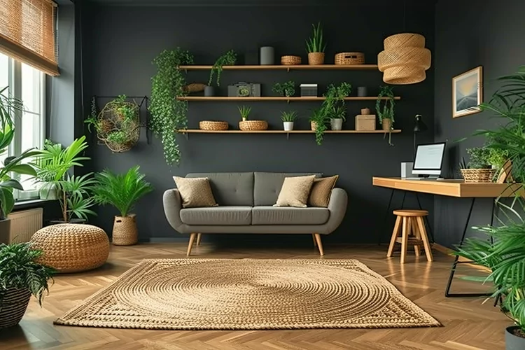 Home office room with chair & sofa vases on the wooden ply